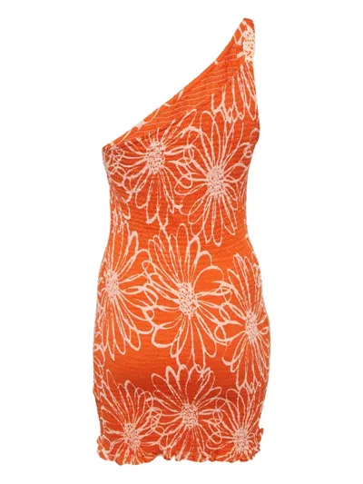 Pre-owned Faithfull The Brand Floral-print Smocked Mini Dress In Orange