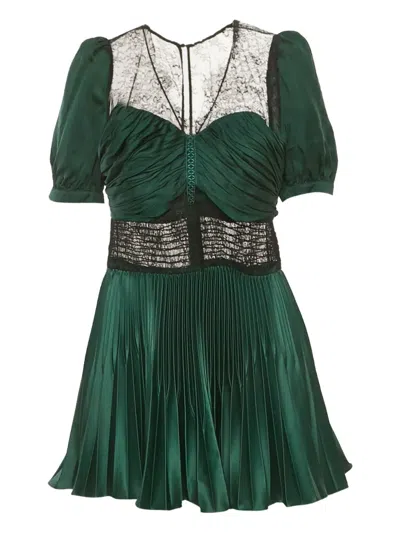 Pre-owned Self-portrait Pleated Lace Mini Dress In Green
