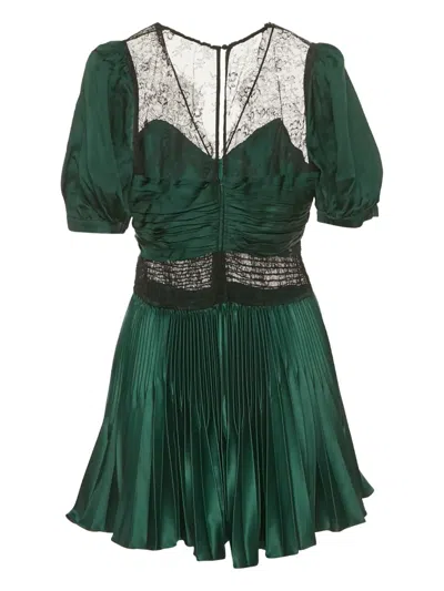 Pre-owned Self-portrait Pleated Lace Mini Dress In Green