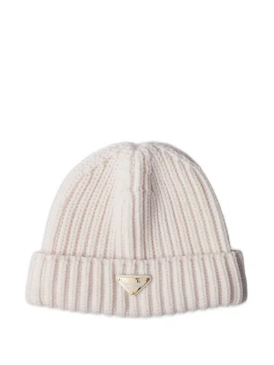 Prada Womens Neutral Logo-embellished Knitted Wool Beanie In White