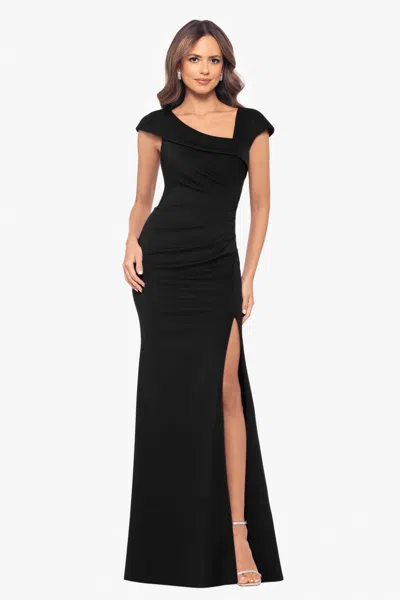 Xscape Evenings Petite "lenore " Long Asymmetrical Neckline Scuba Dress In Black