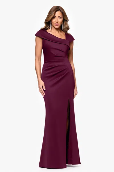 Xscape Evenings Petite "lenore " Long Asymmetrical Neckline Scuba Dress In Burgundy
