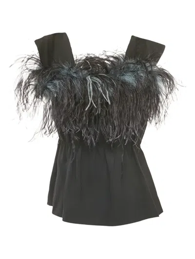 Pre-owned Prada Feather-trim Crepe Top In Black