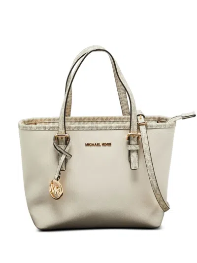 Pre-owned Michael Kors Logo-print Leather Tote Bag In White