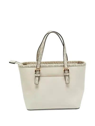 Pre-owned Michael Kors Logo-print Leather Tote Bag In White