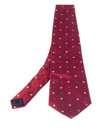 Pre-owned Lanvin 1990s Duck-print Herringbone Tie In Red