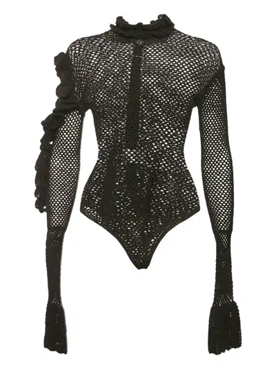 Pre-owned Magda Butrym Crochet Ruffled Bodysuit In Black