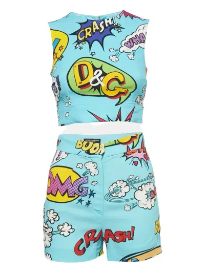 Pre-owned Dolce & Gabbana Printed Sleeveless Crop Top Set In Blue