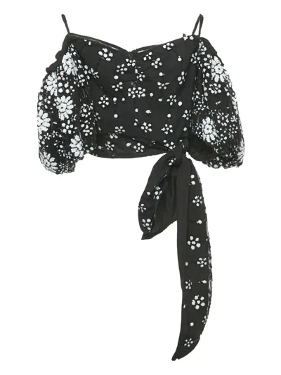 Pre-owned Self-portrait Puff-sleeve Sequin-embellished Top In Black