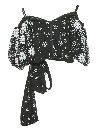 Pre-owned Self-portrait Puff-sleeve Sequin-embellished Top In Black