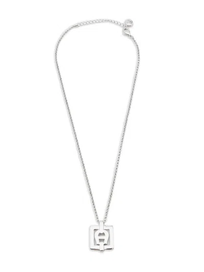 Pre-owned Aigner Crystal Square-pendant Necklace In Silver