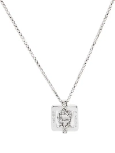 Pre-owned Aigner Crystal Square-pendant Necklace In Silver