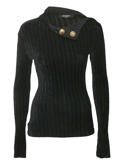 Pre-owned Balmain Pleated Textured Top In Black