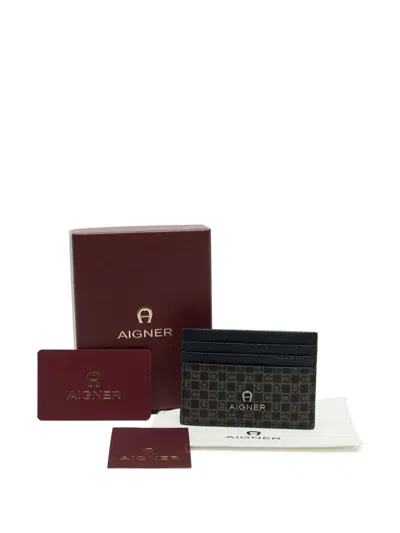 Pre-owned Aigner Vintage 2020s Monogram Leather Card Holder In Black