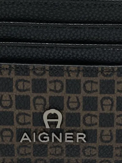 Pre-owned Aigner Vintage 2020s Monogram Leather Card Holder In Black