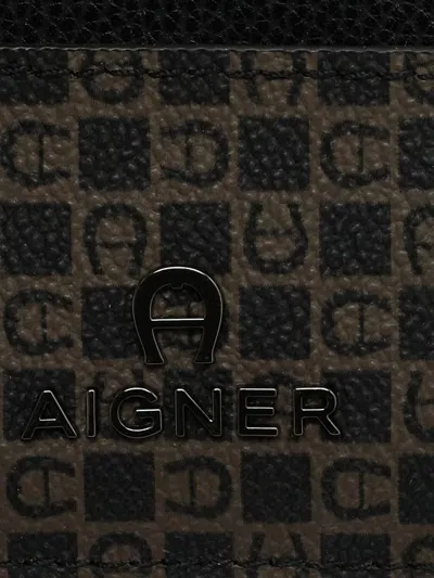 Pre-owned Aigner Vintage 2020s Monogram Leather Card Holder In Black