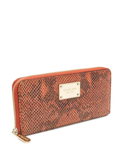 Pre-owned Michael Kors 2000s Snakeskin-embossed Zip Wallet In Orange