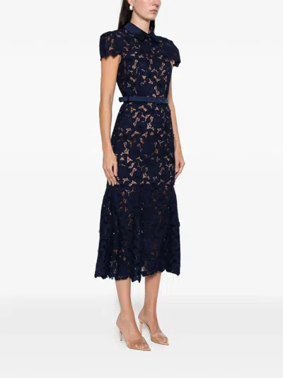 Self-portrait Navy Guipure Lace Midi Dress In Black