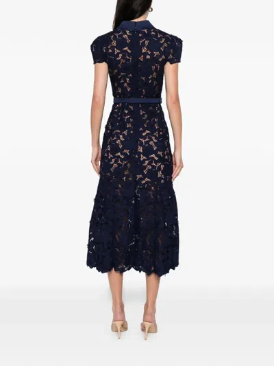 Self-portrait Navy Guipure Lace Midi Dress In Black