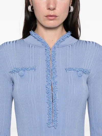 Self-portrait Self Portrait Mini Ribbed Knit Short Dress With Pearl Embellishments In Blue