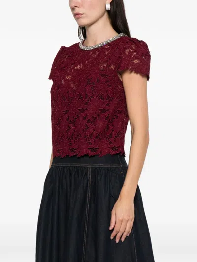 Self-portrait Lace Crystal-trim Blouse In Red