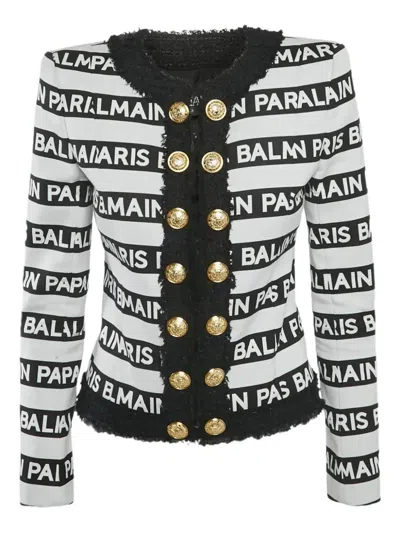 Pre-owned Balmain Logo-striped Tweed Jacket In White