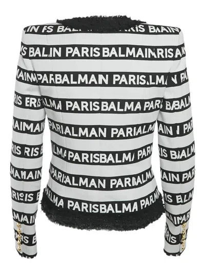 Pre-owned Balmain Logo-striped Tweed Jacket In White