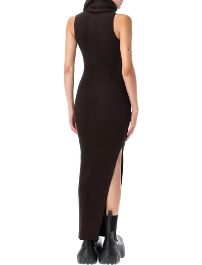 Rick Owens Ankle Length Ribbed Turtleneck Dress In Brown