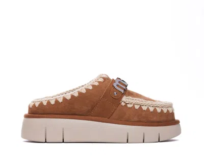 Mou Bounce Beige Mules With Logo Lettering And Open Rear In Leather Woman In Brown