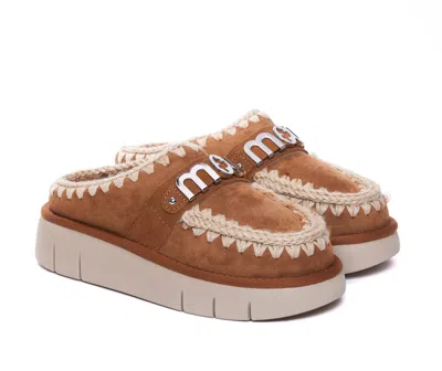 Mou Bounce Beige Mules With Logo Lettering And Open Rear In Leather Woman In Brown