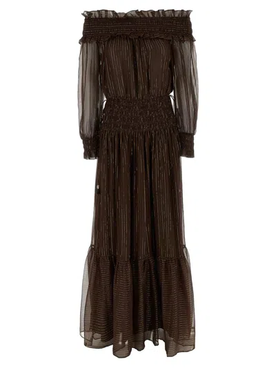 Self-portrait Brown Georgette Off Shoulder Maxi Dresses Brown In Brown