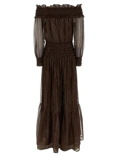 Self-portrait Brown Georgette Off Shoulder Maxi Dresses Brown In Brown