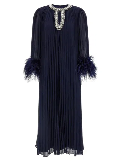 Self-portrait Navy Chiffon Feather Midi Dresses Blue In Blue