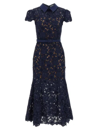 Self-portrait Navy Guipure Lace Midi Dress In Blue