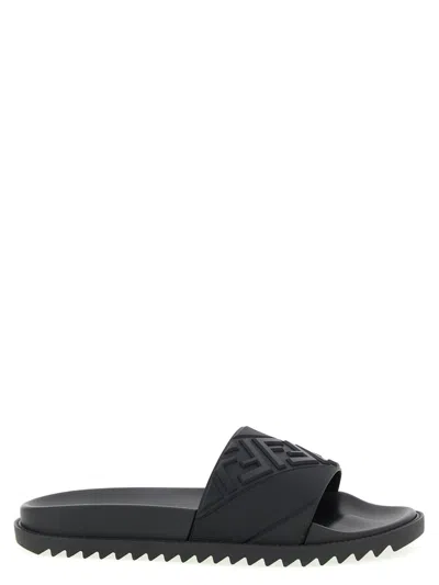 Fendi Rubber Slides With High Strap And Embossed Ff Motif Shoes In Black