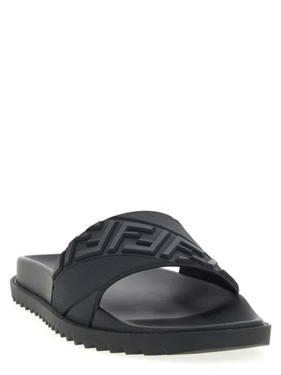 Fendi Rubber Slides With High Strap And Embossed Ff Motif Shoes In Black