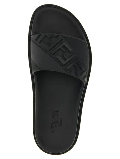 Fendi Rubber Slides With High Strap And Embossed Ff Motif Shoes In Black