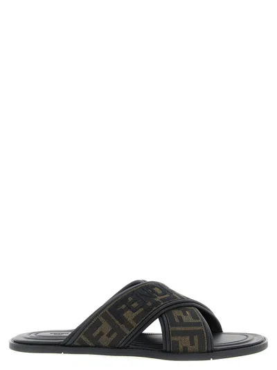 Fendi Double Crossed Band Logo Slides With Jacquard Ff Design In Black