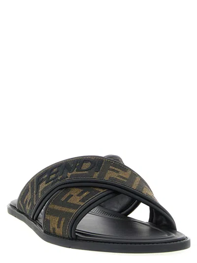 Fendi Double Crossed Band Logo Slides With Jacquard Ff Design In Black
