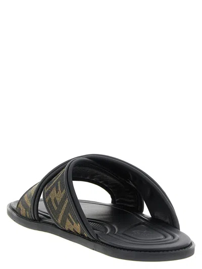Fendi Double Crossed Band Logo Slides With Jacquard Ff Design In Black