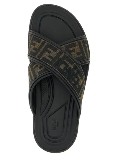 Fendi Double Crossed Band Logo Slides With Jacquard Ff Design In Black