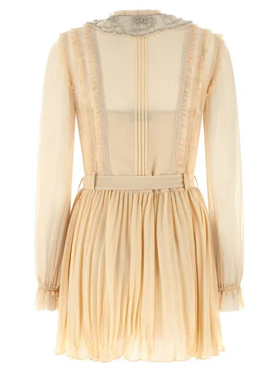 Self-portrait Tan Pleated Georgette Mini Dresses Yellow In Yellow