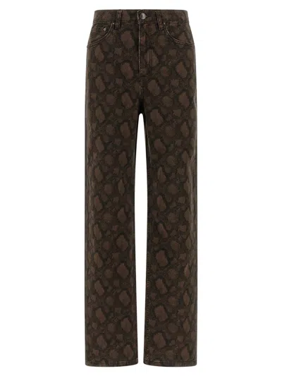 Rotate Birger Christensen Animal Pattern Denim Trousers Pockets Belt Loops In Brown