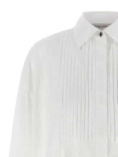 Golden Goose Oversized White Cotton Shirt With Pleated Bib And Jewel Buttons In White