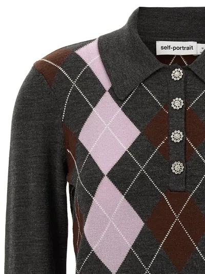 Self-portrait Grey Argyle Lightweight Sweater In Multi