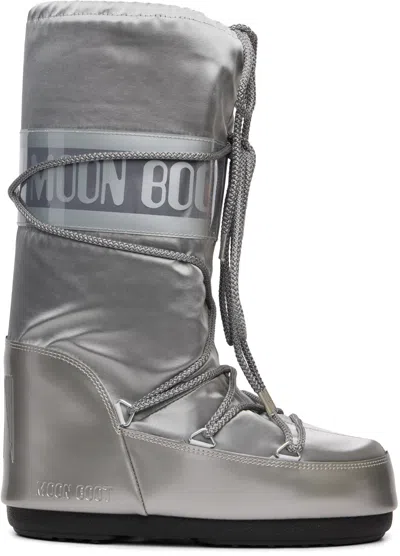 Moon Boot Silver Icon Glance Satin Boots In Silver