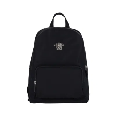 Versace Zip Pocket Top Handle Adjustable Shoulder Straps In Black