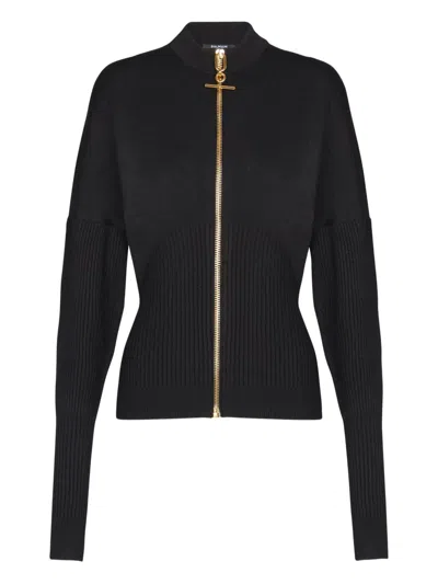 Balmain Zipped Knit Cardigan In Black