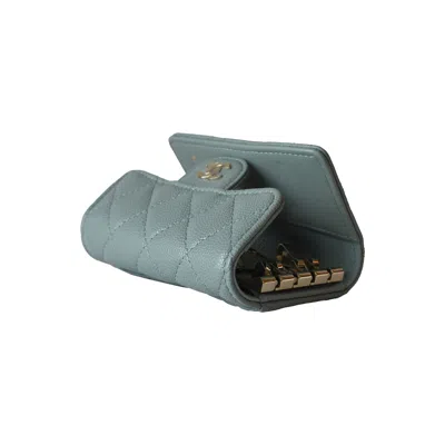 Pre-owned Chanel Cc Caviar Quilted Classic 4 Key Holder Wallet Light Blue