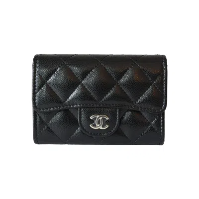 Pre-owned Chanel Quilted Caviar Flap Card Holder With Zipped Wallet Gold Hardware Black
